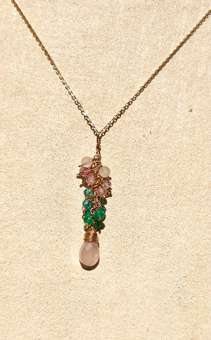 #735 rosequartz, green onyx, blue topaz, pink CZ cluster 20” necklace