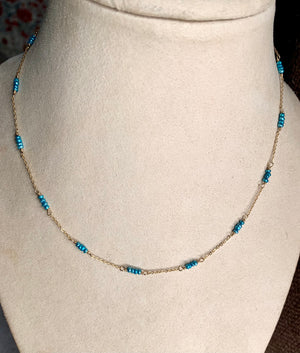 #545 turquoise seed pearls chain necklace 16”