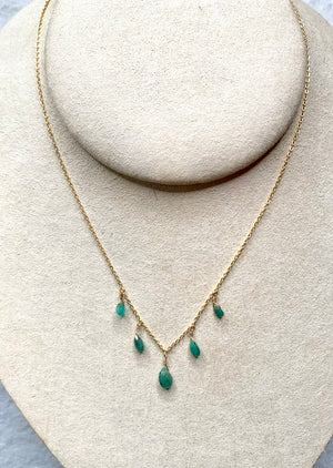 #606 5 petite emerald drops 16” chain  necklace